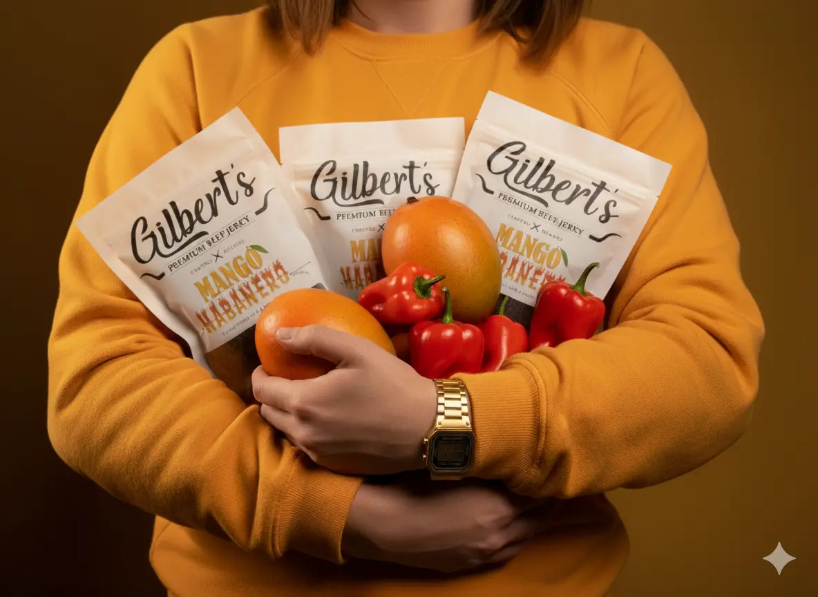 Girl holding bags of gilberts premium beef jerky Mango Habanero 