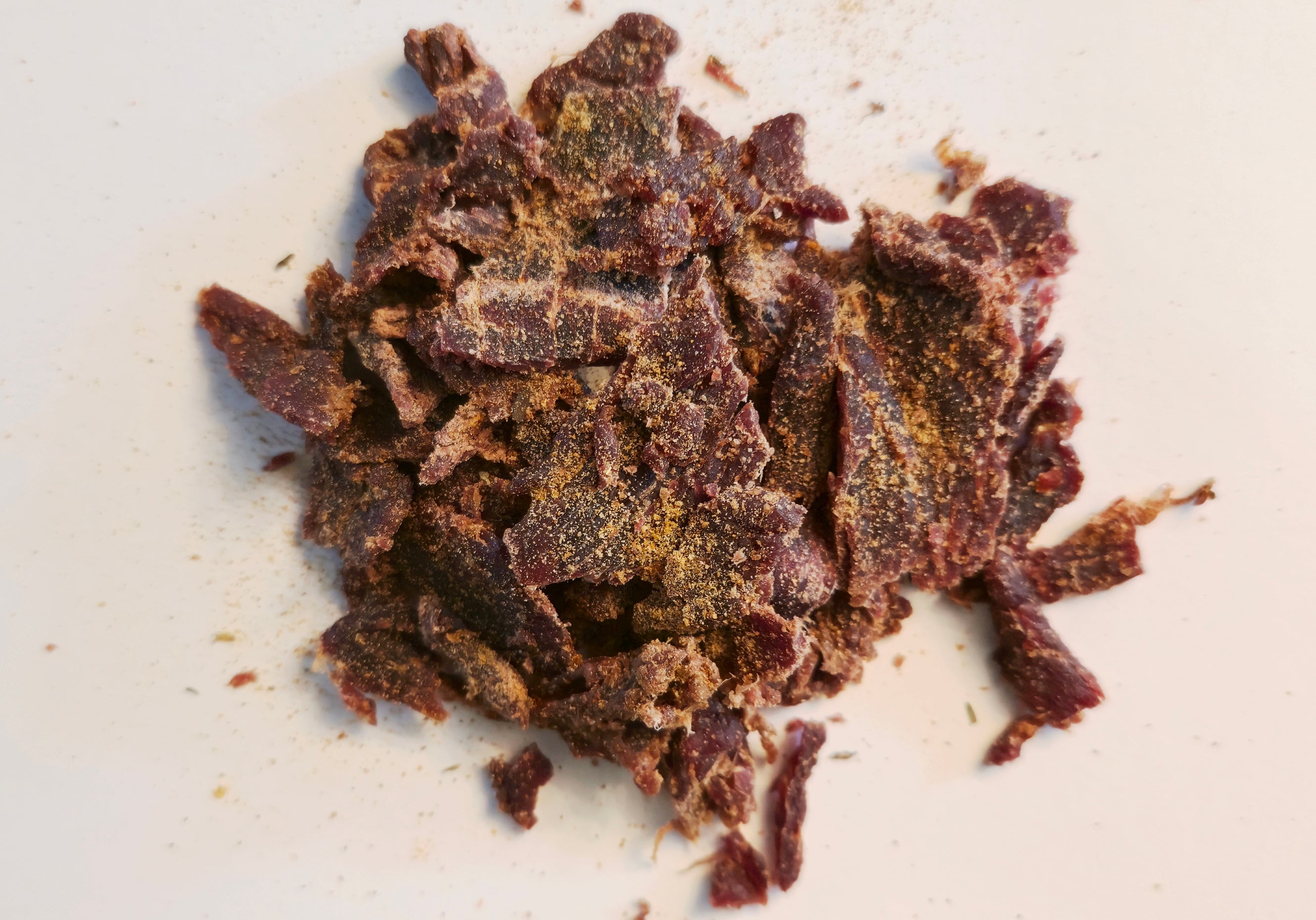 Dried beef jerky pieces on a white surface